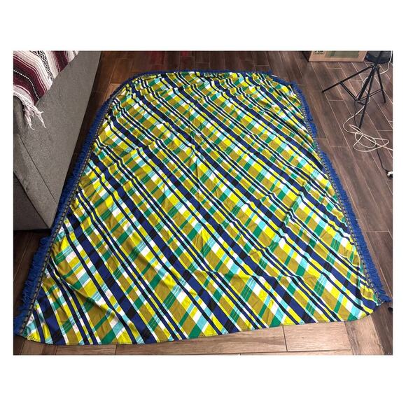 Blue Green Bed Coverlet Sheet with Fringe 73"x106" - Picture 3 of 10